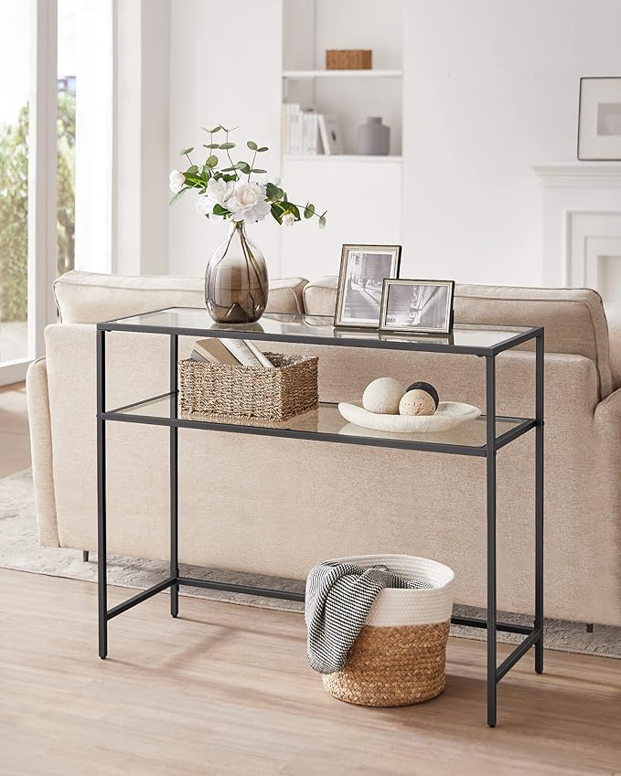 VASAGLE 39.4 Inch Console Sofa Table, Modern Entryway Table, Tempered Glass Table, Metal Frame, 2 Shelves, Adjustable Feet, for Living Room, Hallway, Black ULGT025B01