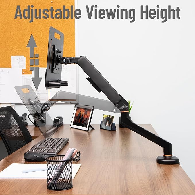 Mind Reader Gas Spring Laptop Desk Mount, Fits 11.6–17.3" Laptops or Monitors, 180° Rotate, 13.2 lb Capacity, Single Arm with Integrated Cable Management, Adjustable Tilt/Swivel, Black