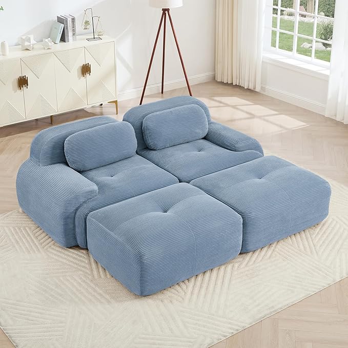 Blue Ottoman for Modular Sectional Sofa, Corduroy Deep Seat for Oversized Compressed Boneless Sectional Couches for Living Room Bedroom Apartment, Cloud Sofa Couch, Memory Foam, No Assembly
