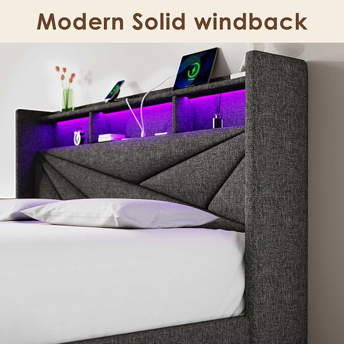 LED Queen Bed Frame with 2 Storage Drawers, Upholstered Bed Frame Queen Size with Headboard and Charging Station, No Box Spring Needed, Easy to Assembly-Dark Grey