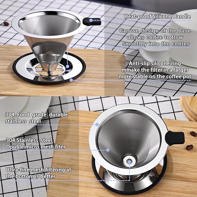 Pour Over Coffee Filter Dripper, Stainless Steel Metal Cone Coffee Filter