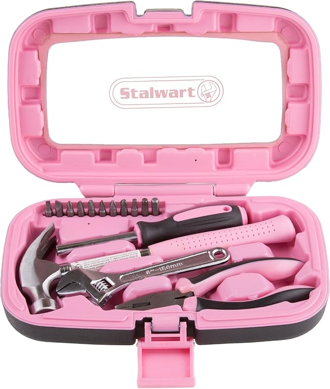 15-Piece Household Hand Tool Set with Carry Case – Tool Kit with Screwdrivers, Pliers, and Wrenches – Great for Home or Car by Stalwart (Pink)