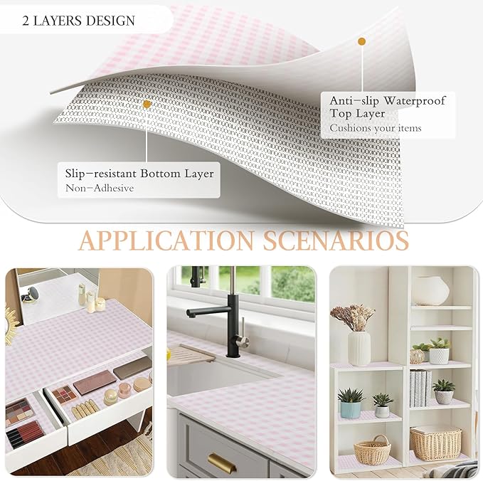 Beautysaid Shelf and Drawer Liner for Kitchen Cabinet, Non Adhesive Non Slip Shelf Paper Waterproof Washable Thickened for Dresser Pantry Shelve Bathroom Protector Liner(Pink Checker,23.6 in x 10 FT)