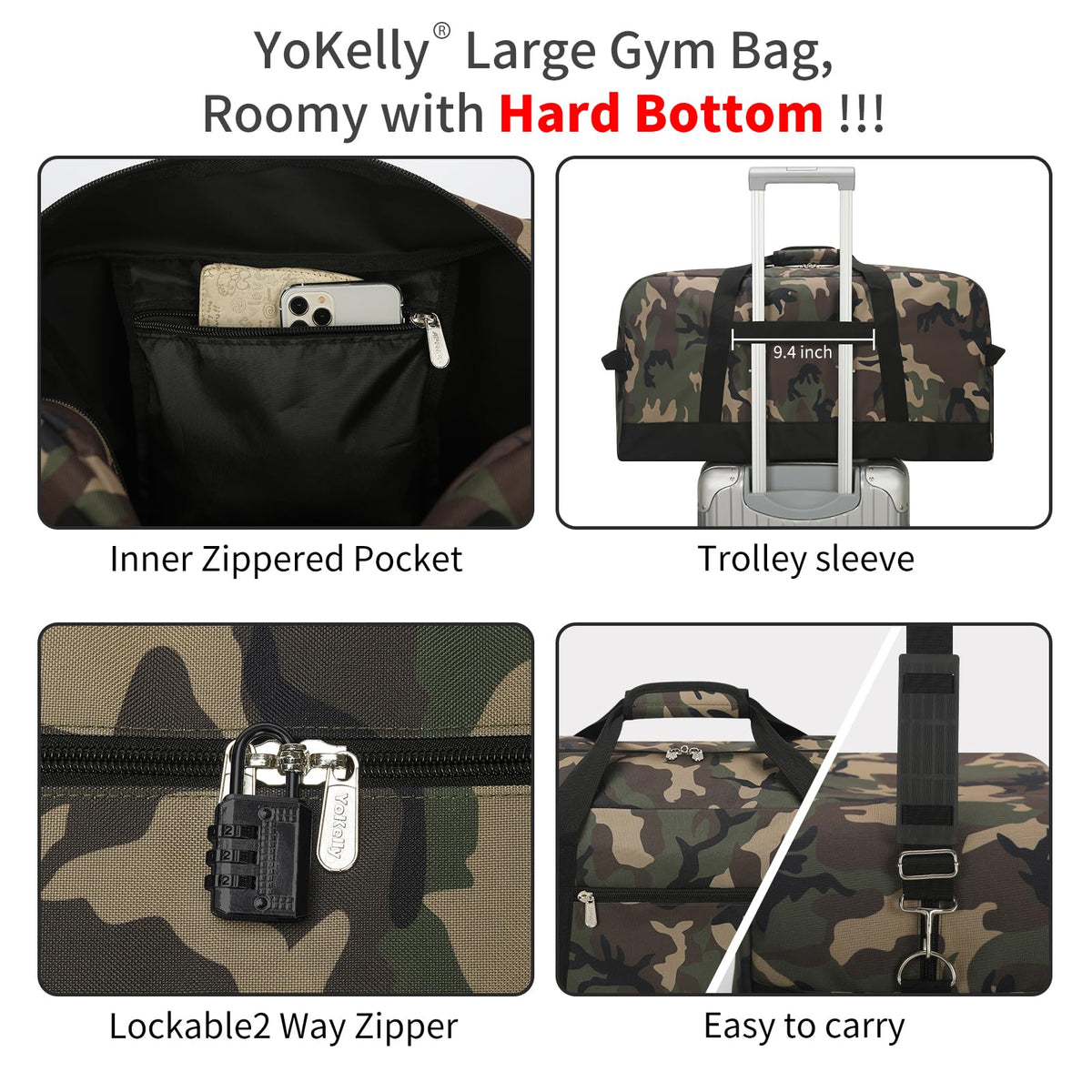 YoKelly 55L Large Duffle Bag for Men Travel - 25 inch Sports Duffel Bag with Hard Bottom - Camo