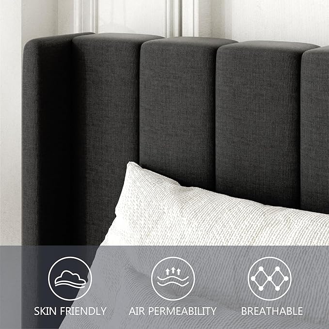 Queen Size Bed Frame with Upholstered Wingback Headboard, Easy Assemnly Platform Bed, Wooden Slat Support No Box Spring Needed, Dark Gray