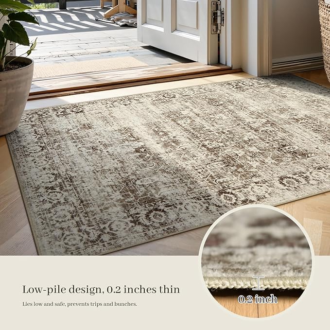 Lahome Beige Washable Rugs for Living Room 8 x 10 Large Living Room Rug Indoor Carpet,Boho Vintage Distressed Non-Slip Low-Pile Accent Bedroom Carpet for Dining Room Office Playroom(8x10,Beige)