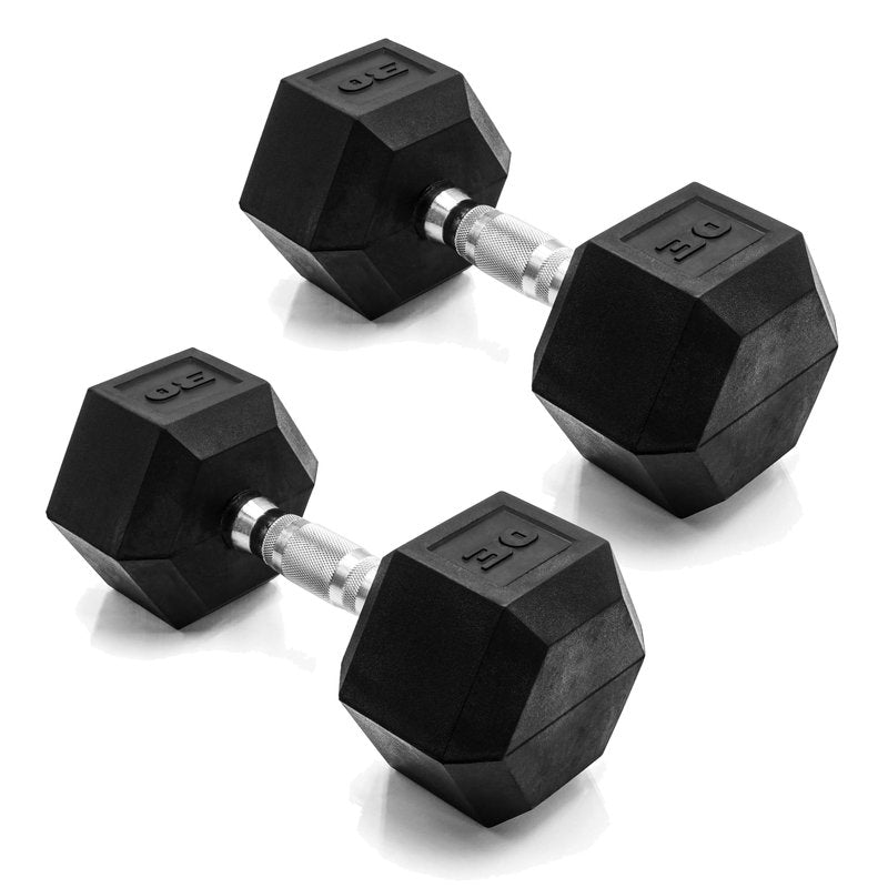 CAP 30 LB Rubber Coated Hex Dumbbell Weight, Rubber Free Weights for Home Gym Strength Training, Chrome Handle, Pair
