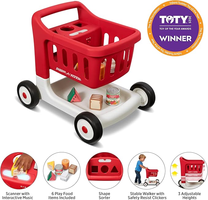 Radio Flyer Toddler Shopping Cart Walker with Wheels, Lights, and Sound for Ages 1+, Educational and Imaginative Play and Walk Behind