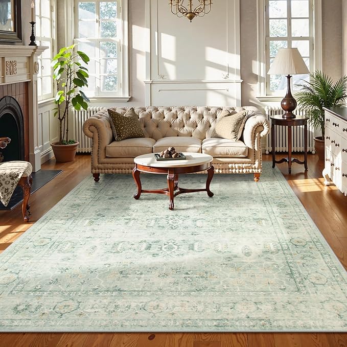 Lahome Vintage 6x9 Washable Green Rugs for Living Room Bedroom, Soft Dining Room Rugs for Under Table, Non Slip Indoor Throw Carpet for Entryway Kitchen Office (6x9ft,Light Green)
