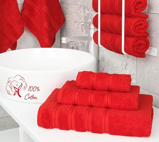 American Soft Linen Premium 3 Piece Towel Set, 1 Bath Towel 1 Hand Towel 1 Washcloth, 600 GSM 100% Cotton Turkish Towels for Bathroom, Red Towel Set
