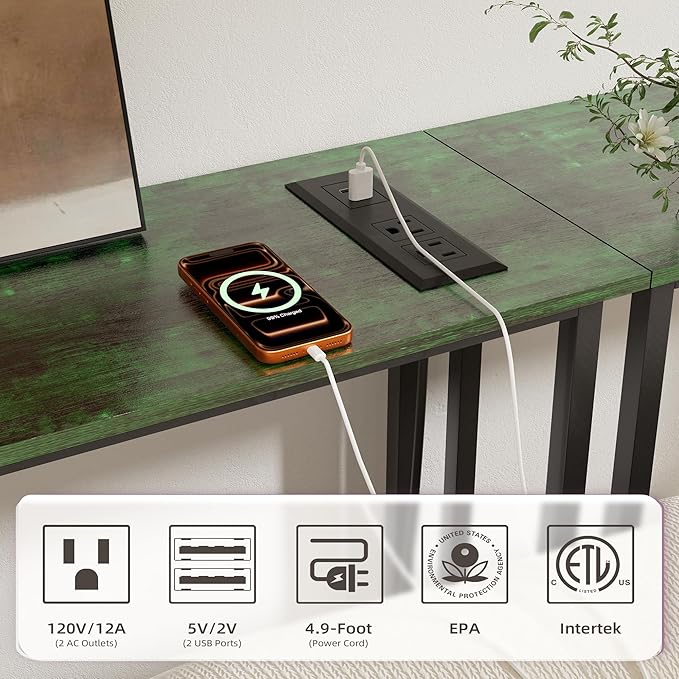 Narrow Console Table with Led Light and Charging Station，29.5" Small Entryway Table，Display Table，Entryway Hallway Thin Sofa Table Behind Sofa, Small Spaces, Living Room, Green and Black