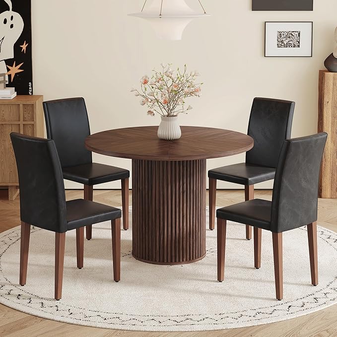AZmac Round Dining Table Set for 4, Wooden Round Table 5-Piece with Modern Farmhouse Dining Table and 4 PU Leather Chairs for Kitchen Dining Room, Walnut Table + 4 Black High Back Chairs