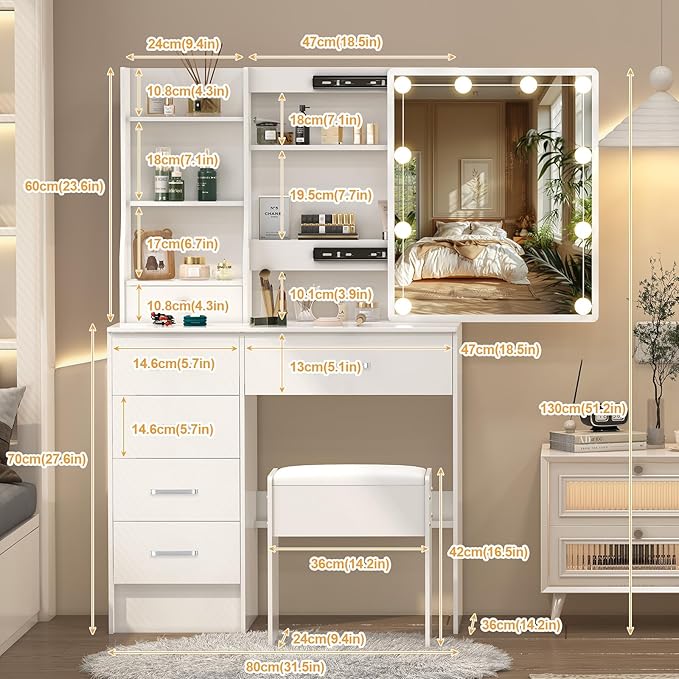 Small Vanity Desk with Sliding Mirror & Bulbs Lights, 3 Color Light Settings Makeup Table with 6 Storage Drawers and 6 Shelves, Bedroom Dressing Table with Chair for Girls, White