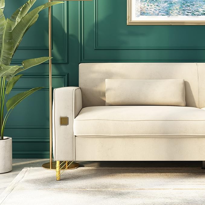 85.63" Velvet Sofa,Modern Loveseat Couch with Pillows Set of 2 for Living Room,Bedroom,Apartment Furniture with Gold Metal Legs (Beige)