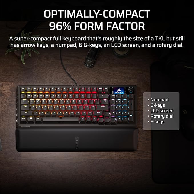 Corsair Vanguard 96 Wired Mechanical Gaming Keyboard – 96% Layout, MLX Fusion Tactile Switches, 8000Hz Polling, LCD Display, Virtual Stream Deck, G-Keys, SOCD Flashtap, QWERTY US – Black
