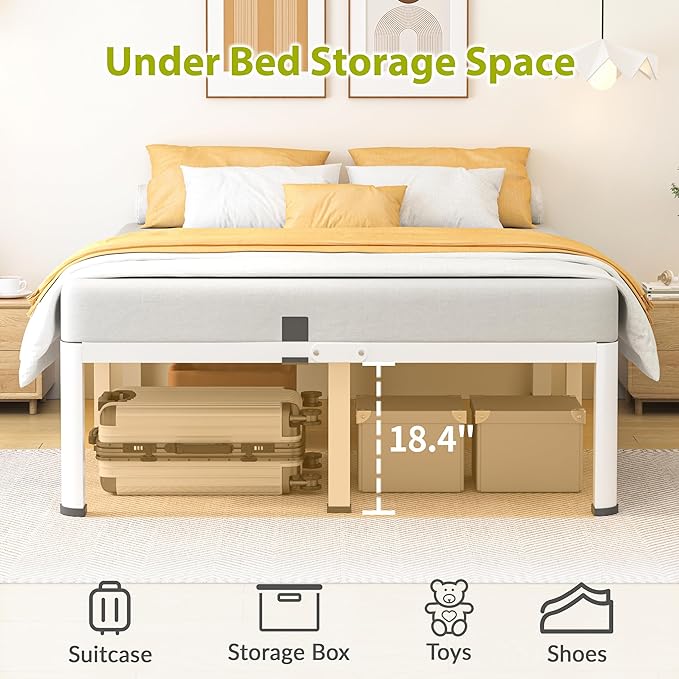 20 Inch King Size Metal Bed Frame with Round Corners, Storage Space Under High Bed Frame-Heavy Duty Steel Slats Support, Noise Free - Easy Assembly - No Box Spring Needed,White