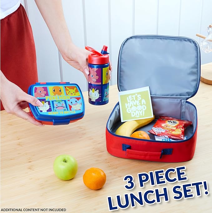 Pokemon Insulated Lunch Bag with Lunch Box Water Bottle Set for Kids 3 Piece School Snack Bag Pikachu Gifts for Kids (Red/Blue)