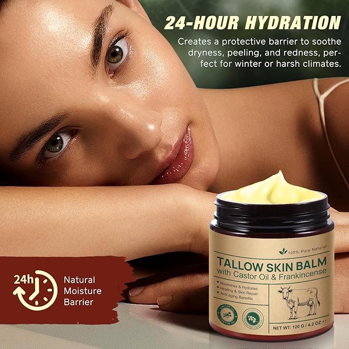 Tallow Skin Balm With Castor Oil & Frankincense, Vitality Frankincense Balms 100% Grass-Fed Tallows For Skin Care Castor Oil Balm Beef Tallow For Face & Body120 G/4.2 Oz