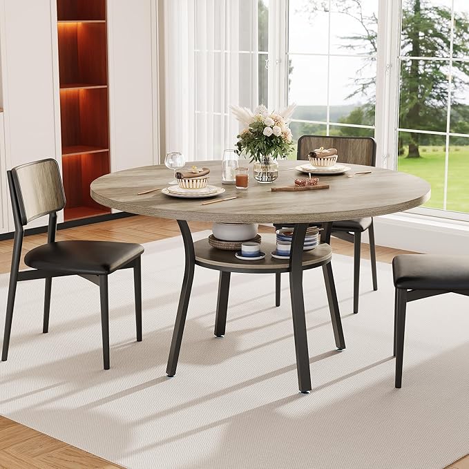 IDEALHOUSE Round Dining Table for 4-6, 47 Inch Kitchen Table with Sturdy Metal Frame, Space Saving Circle Dining Room Table for Small Space (Table Only), Grey