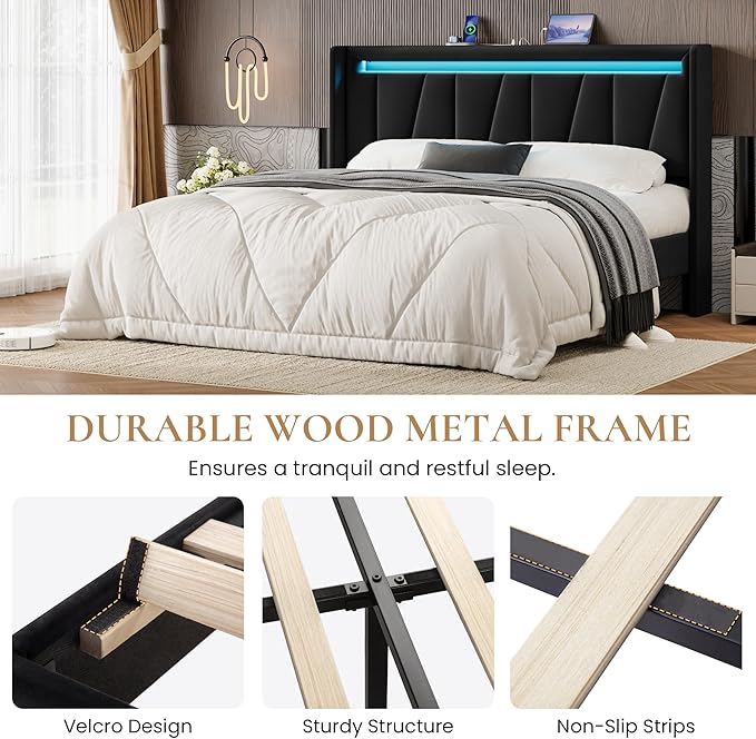 SHA CERLIN Full Size Bed Frame with Charging Station and LED Lights, Modern Velvet Platform Bed with Upholstered Geometric Wingback Headboard, No Box Spring Needed, Easy Assembly, Black