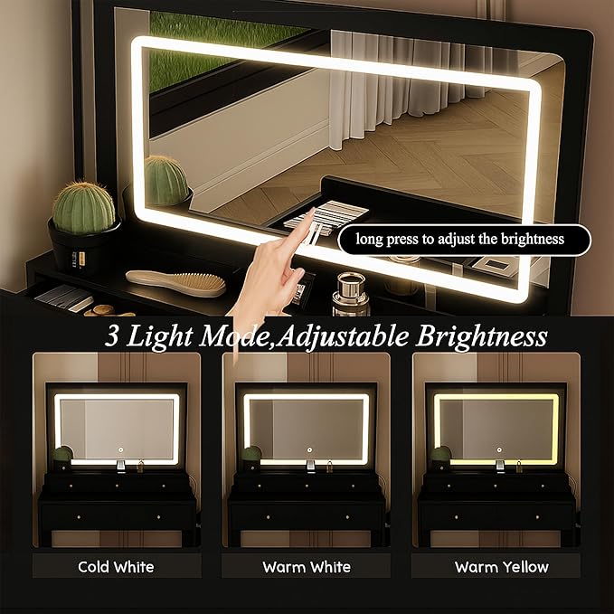 Small Makeup Vanity Desk with Full Size Mirror and Lights, 31" Compact Black Dressing Table with Chair, 5 Storage Drawers, Power Outlet & Hair Dryer Holder for Small Space, Dorm, Bedroom