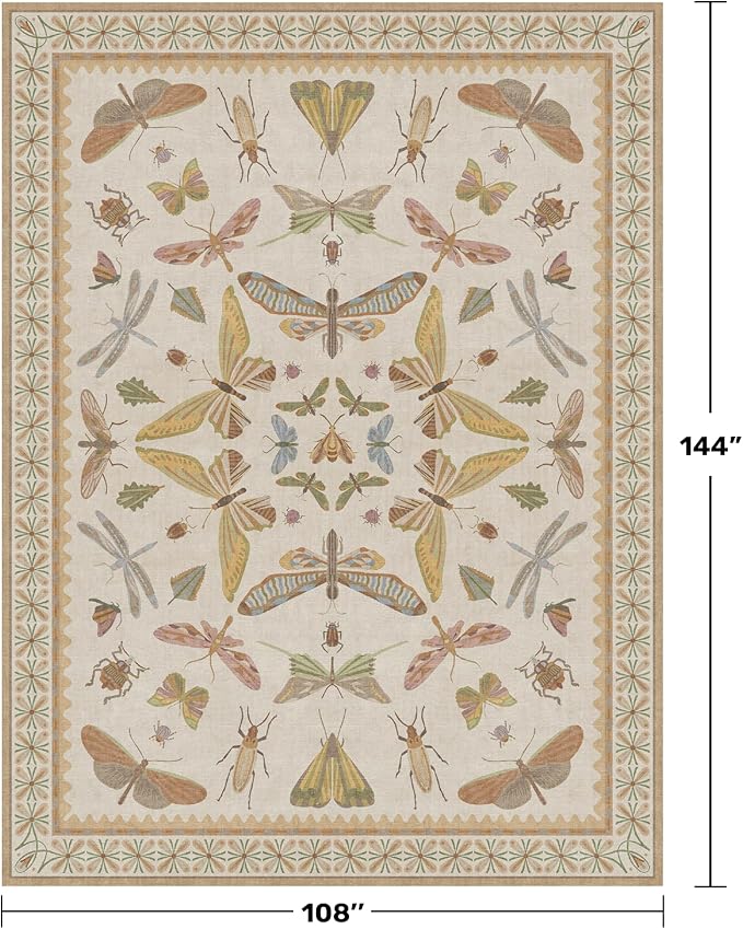 Large Beige Farmhouse Rugs for Living Room - 9x12 Area Rug for Bedroom, Dining Room, Kids Playroom, Stain Resistant Non Slip Low Pile Lightweight Carpet Indoor Butterfly Décor