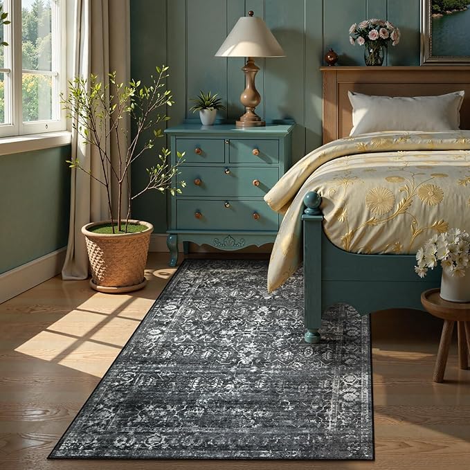 Lahome Washable Black 4x6 Area Rugs for Living Room Bedroom, Boho Vintage Non Slip Stain Resistant Floor Dining Room Carpet for Office Entrance Decor