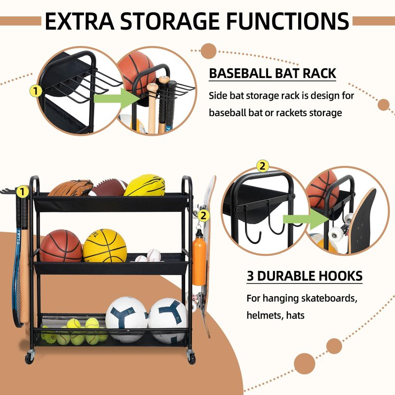 STORAGE MANIAC Basketball Rack 3-Shelf Training Stand with Wheels