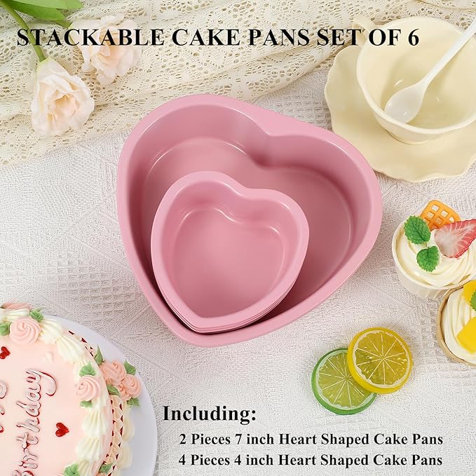 AVSQUINE 7 & 4 Inch Heart Shaped Cake Pans Set of 6, Pink Carbon Steel Baking Pans Set, Nonstick Heart Cake Mold for Baking, Small Cake Pans, Bakeware Sets for Valentine's Day Wedding