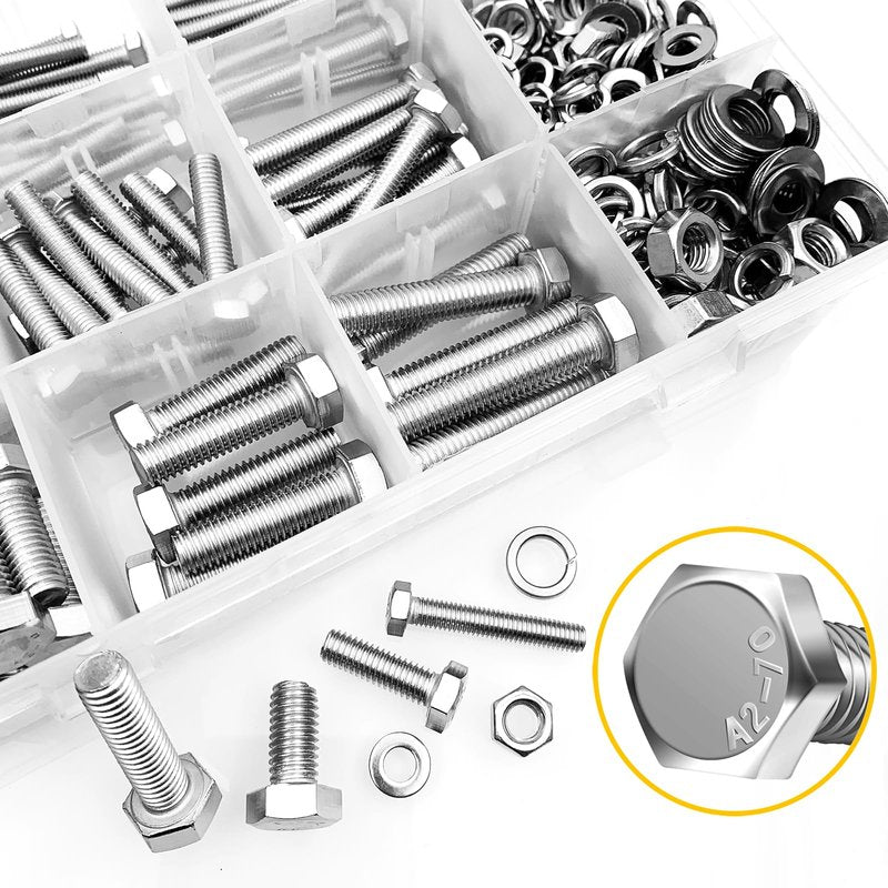 Mywish 448PCS M5 M6 M8 Screw Set, Metric Bolt Assortment, 304 Stainless Steel, Nuts and Bolts Set Flat & Spring Washers, Hex Head Cap Screws Bolts and Nuts Kit, Fully Thread