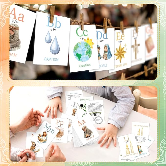 Skyygemm 26 Pcs Bible ABC Flash Cards Christian Bible Verse Alphabet Cards KJV Version Religious Scripture Memory with Stainless Steel Ring for Preschool Sunday School Toys Basket Suffers