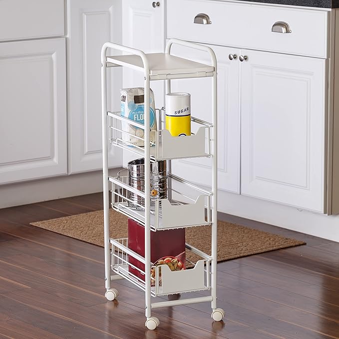 Honey-Can-Do 4-Tier Slim Rolling Metal Utility Cart with Drawers, White