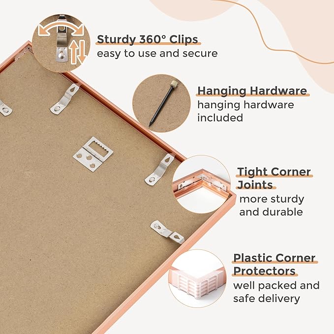 11x14 Picture Frame - 11 by 14 Metal Picture Frame With Mat For 8x10 | 14x11 Frame Aluminum | Plexiglass And Hanging Hardware Included | 11x14 Poster Frame | Rose Gold