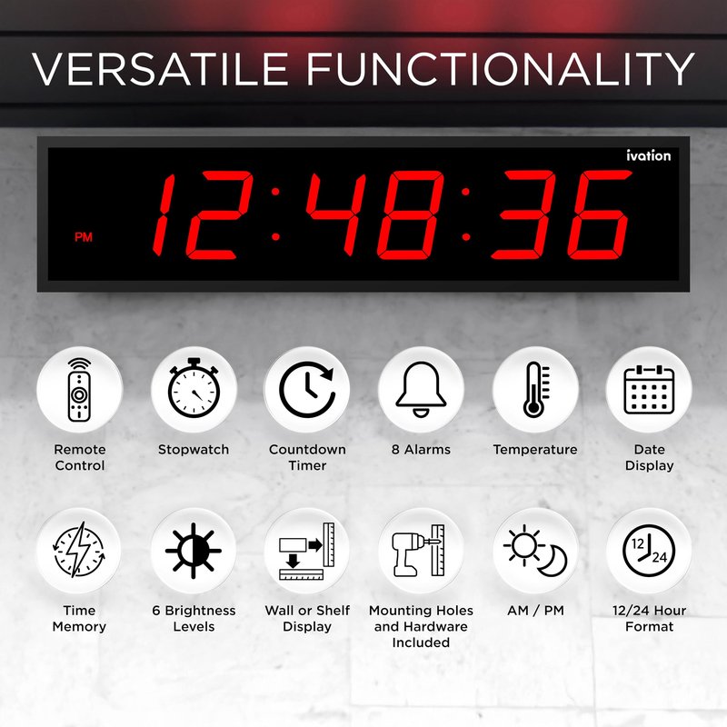 Ivation Oversized 24" Large Digital LED Clock | Big Digital Clock w/Multi-Function Display – Stopwatch, Timer, Alarms, Temp & Date | 6 Brightness Levels, Time Memory & Remote (Red)