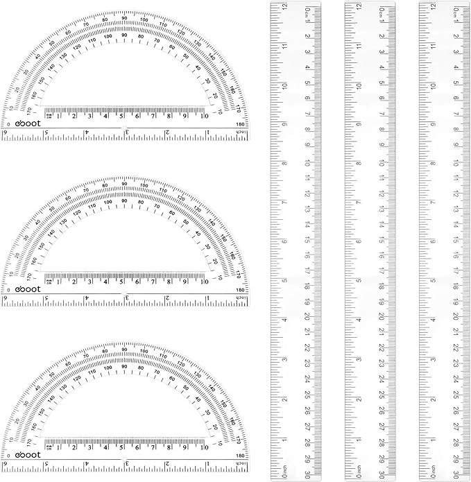 Zonon 6 Packs 12 Inch Plastic Ruler and 6 Inch Plastic Protractor Set Clear Math Geometry Protractors Set Transparent Supplies Rulers for Operation Christmas Box Gift Home Office Drawing