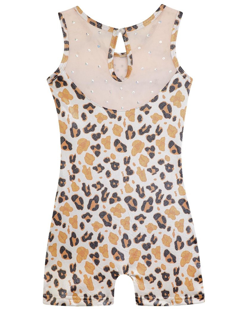 HOZIY Leotards for Girls Gymnastics Mesh Neckline with Iridescent Rhinestones Back Cut Out Sleeveless Size 6-7 Years Leopard Biketard Shorts Tumbling Outfits Kids Sparkly Shiny