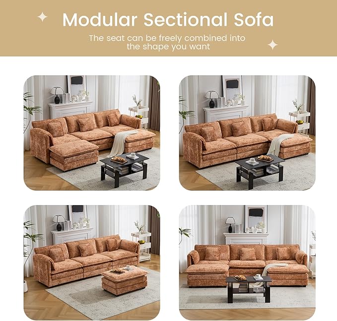 76.2" Modular Sectional Sofa with Movable Ottoman, Deep Seat couches for Living Room, 2 Seater Loveseat Sofa, L Shaped Comfy Cloud Couch with Removable Cover, Armrest Pillow (Orange)