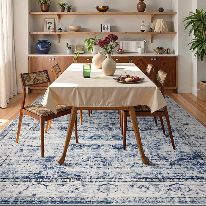 Lahome Vintage 8x10 Rugs for Living Room, Large Washable Rug for Bedroom Office, Boho Distressed Dining Room Rug Soft Stain Resistant Low Pile Accent Carpet for Home Playroom (8'x 10', Blue)