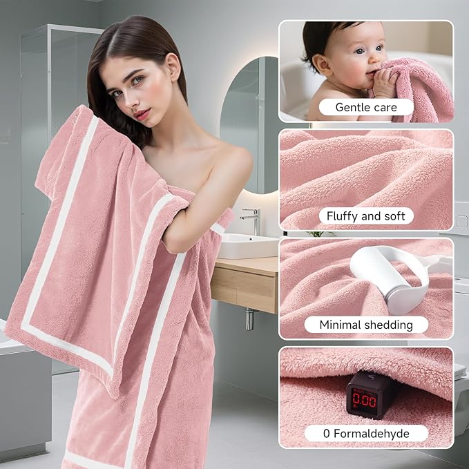 REDKISS 4-Piece Bath Towel Set - 2 Hand Towels, 2 Bath Towels | Super Absorbent, No Lint & No Fading,Ultra-Fiber Coral Fleece | Perfect for Bathroom, Spa, Gym | Family & Adults-Pink