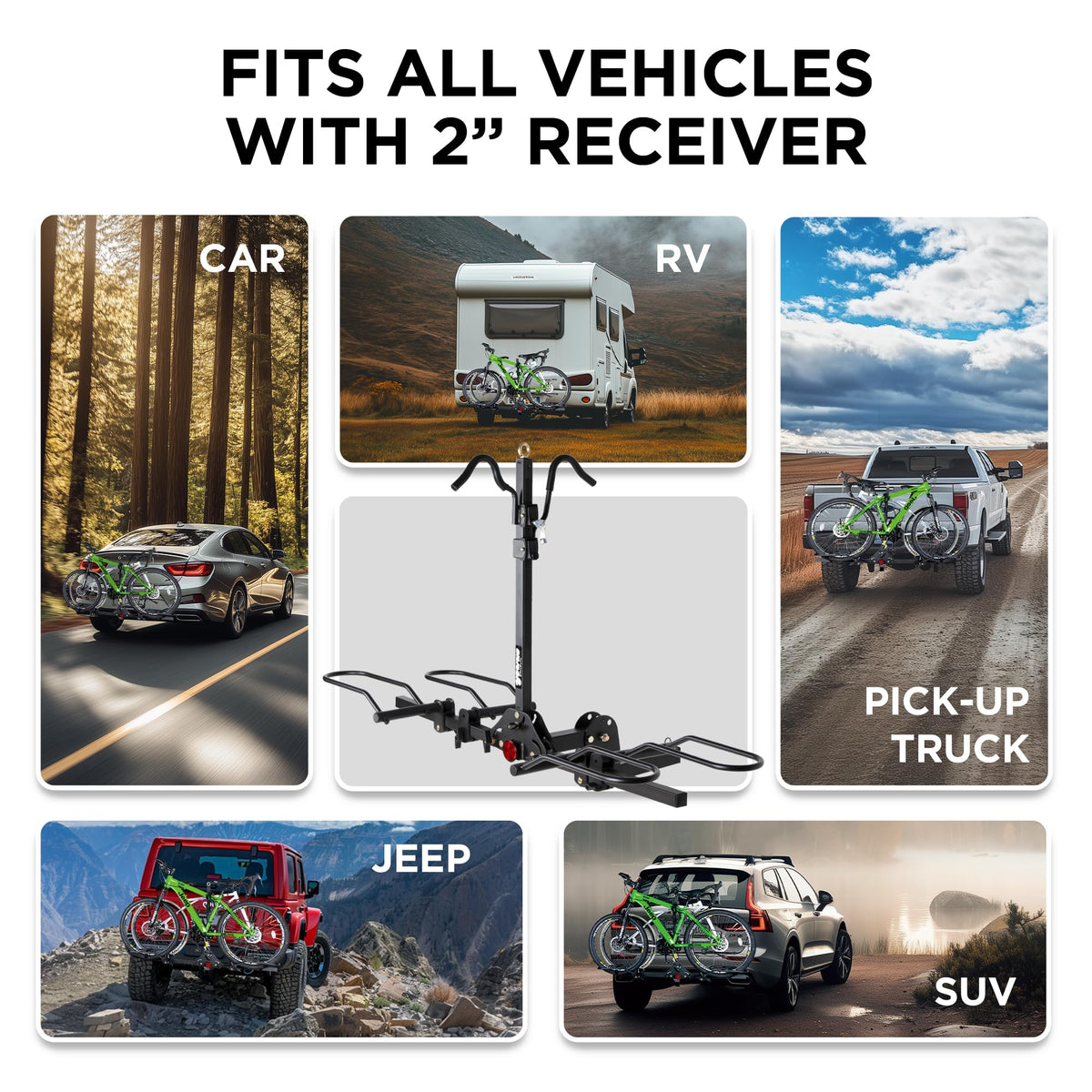 Rockland Foldable 2-Bike Rack with Lock, 200 lbs Capacity, Hitch Mount Bike Rack, Fits up to 5" Fat Tire Width and 50" Wheelbase, Bike Carrier Rack for 2" Receiver for Cars SUVs Vans RVs