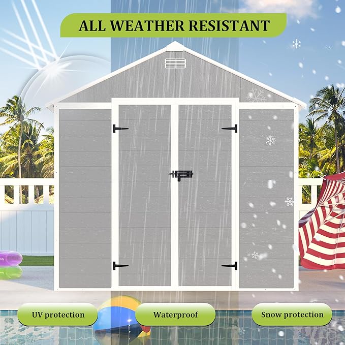 8x8 FT Outdoor Storage Resin Shed with Floor, Plastic Garden Tool Shed with Sloped Roof, Lockable Door & Windows, Easy to Assemble Bike Shed for Lawn, Backyard, Patio, Grey