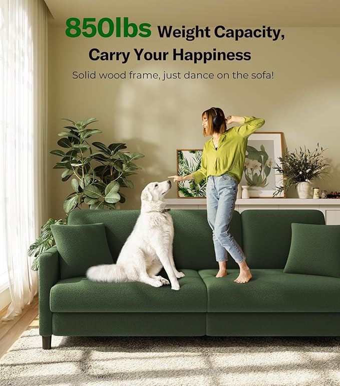 83" Couches for Living Room, Comfy Sofas for Living Room, Teddy Sofa Couch, Tool-Free Setup Loveseat Sofa, All-Wood Love Seat Couches, Small Couch 2 Pillows Included, Green
