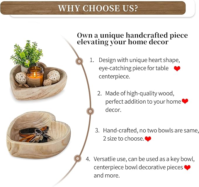Hanobe Decorative Dough Wood Bowl: Small Heart Shaped Bowls for Decor Wooden Bowl for Table Centerpiece, Natural 7.8"