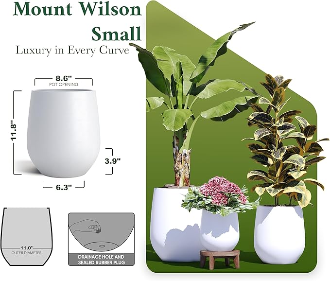 DTY Signature Mount Wilson Modern Indoor Outdoor Fiberstone Tapered Planter, Lightweight, Weather Resistant Garden Pot with Drainage Hole & Rubber Plug, Planter for Christmas Decor - White, Small