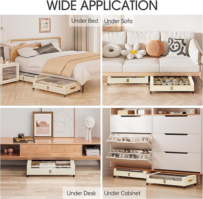 Yecaye 4 Pack Under Bed Storage with Wheels, Under Bed Storage Containers with Lids, Large Under Bed Rolling Storage with Clear Window & Label, Rolling Drawers for Clothes, Blankets, Books
