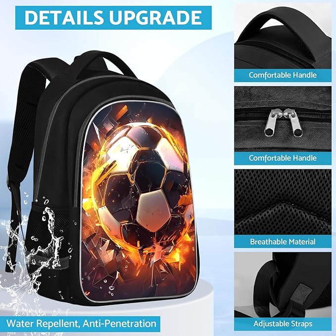 School Backpack for Boys - Soccer Boys Backpack for Kids Children Teens Elementary Middle School - Students Bag for Ages 6-18,17″Bookbag Multifunctional Large Capacity