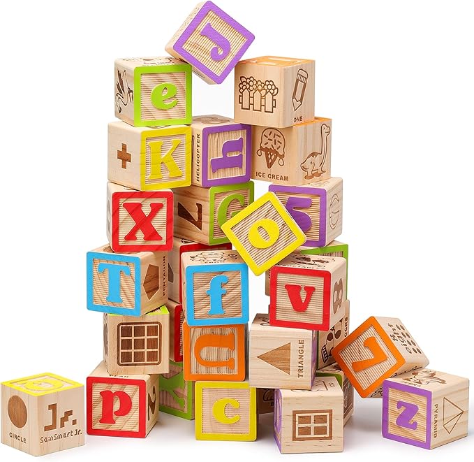 SainSmart Jr. Wooden Alphabet Blocks 1.73 Inch, 30Pcs Building Blocks Including Letters, Numbers and Animals, Montessori Wooden Blocks for Preschool Toddlers