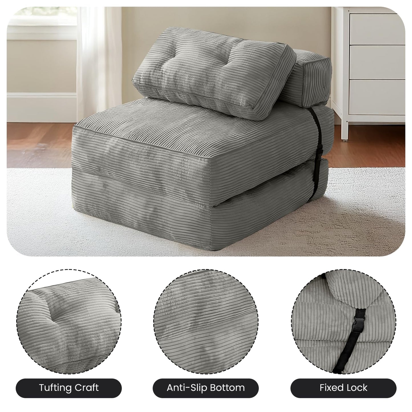 tantohom Folding Sofa Bed, Convertible Sleeper Chair with Pillow Foldable Mattress with Back Support,Space-Saving Sofa for Living Room,Bedroom (Gray)