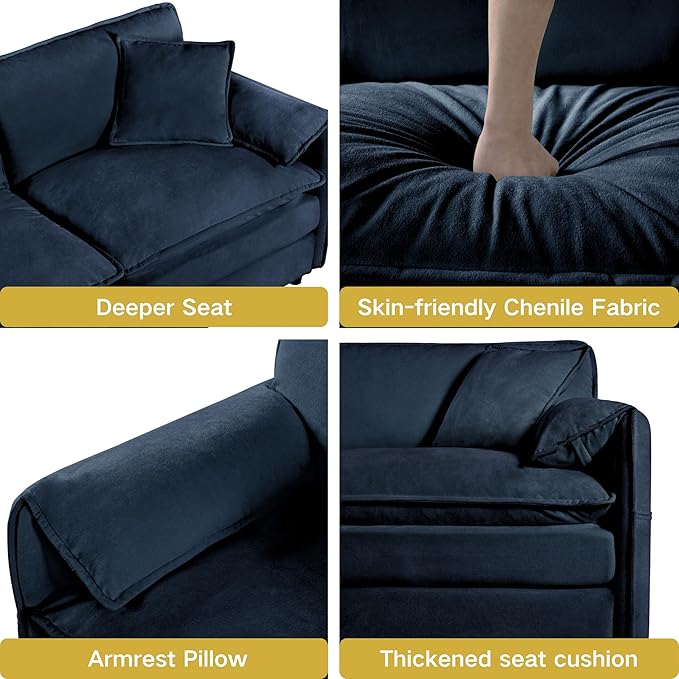 Loveseat Deep Seat Sectional Sofa Cloud Couch, Modern Chenille Comfy Upholstered Modular U Shaped Couch for Living Room, Apartment, Office (Blue, 75.59 Inch-U Shape)
