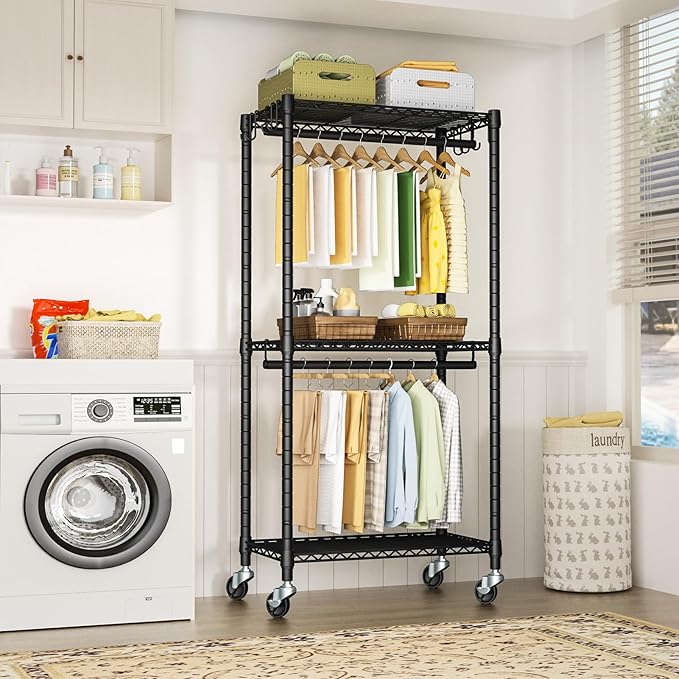 FUTASSI P3 Mini Rolling Clothes Rack, Clothing Racks for Hanging Clothes, Heavy Duty Garment Rack with Wheels, Freestanding Portable Closet Rack 23.6'' W x 14'' D x 78.5'' H, Max Load 430 Lbs, Black